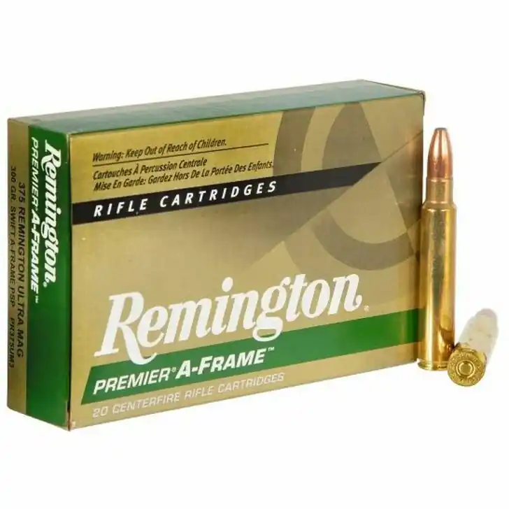 Remington Premier Ammunition - 375 Remington Ultra Mag - 300 Grain Swift A-Frame PSP - 20 Rounds - Brass Case
