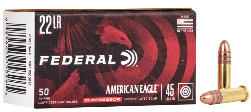 Federal AE Suppressor Ammunition - 22 Long Rifle - 45 Grain Copper Plated Solid - 50 Rounds - Brass Case