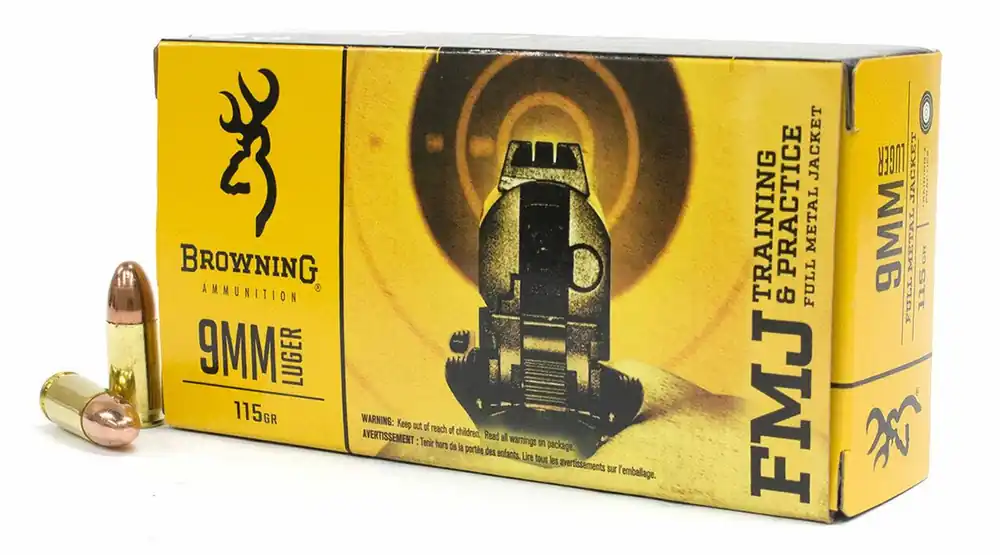 Browning Ammunition - 9MM Luger - 115 Grain Full Metal Jacket - 50 Rounds - Brass Case