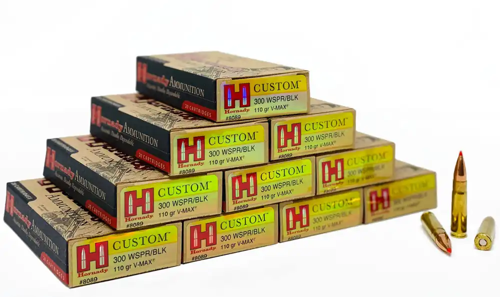 Hornady Custom Ammunition - 300 AAC Whisper - 110 Grain V-Max Flat Base - 20 Rounds - Brass Case