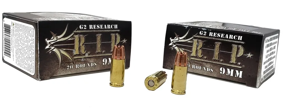 G2 Research R.I.P Ammunition - 9 MM Luger - 92 Grain Solid Copper Hollow Point - 20 Rounds - Brass Case