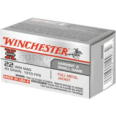 Winchester Super-X - 22 Winchester Magnum Rimfire - 40 Grain Full Metal Jacket - 50 Rounds - Brass Case