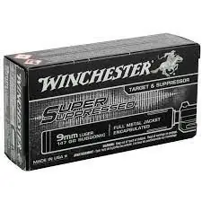 Winchester Super Suppressed Ammunition - 9 MM Luger - 147 Grain Full Metal Jacket Encapsulated - 500 Rounds - Brass Case
