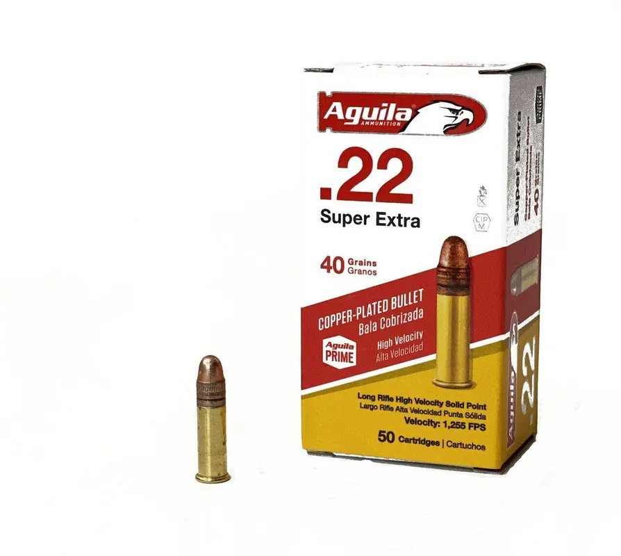 Aguila High Velocity Ammunition - 22 Long Rifle - 40 Grain Copper Plated Solid Point - 50 Rounds - Brass Case