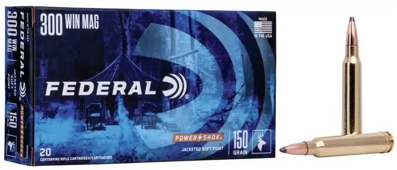 Federal Power-Shok Ammunition - 300 Winchester Magnum - 150 Grain Jacketed Soft Point - 20 Rounds - Brass Case