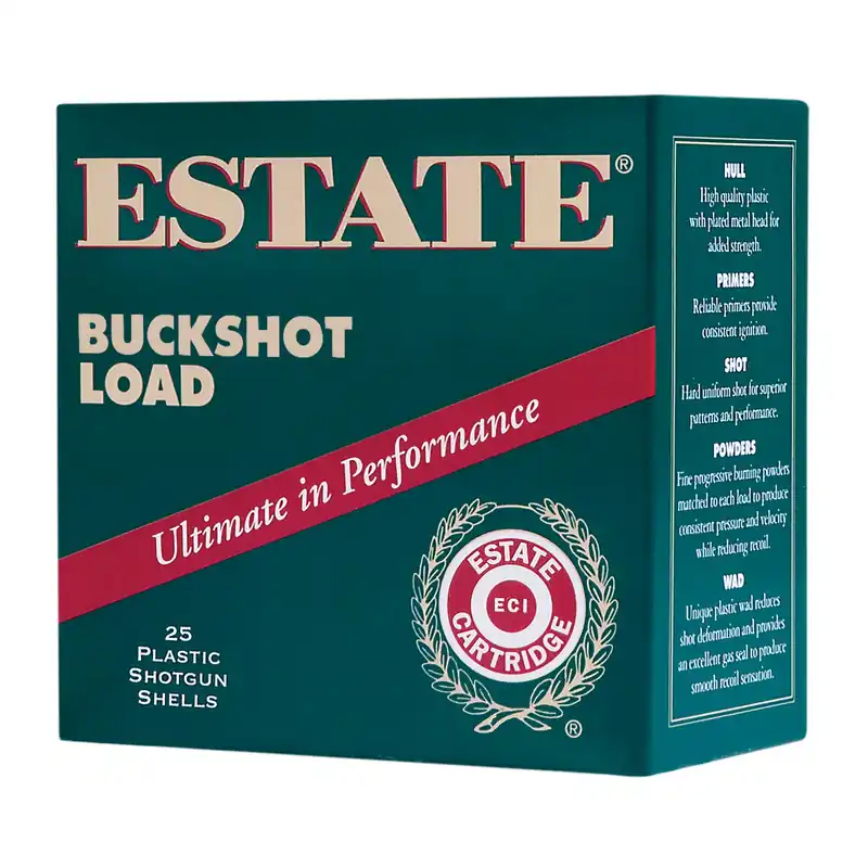 Estate Buckshot Ammunition - 12 Gauge - 2 3/4" - 00 Buckshot - 9 Pellets - 25 Rounds
