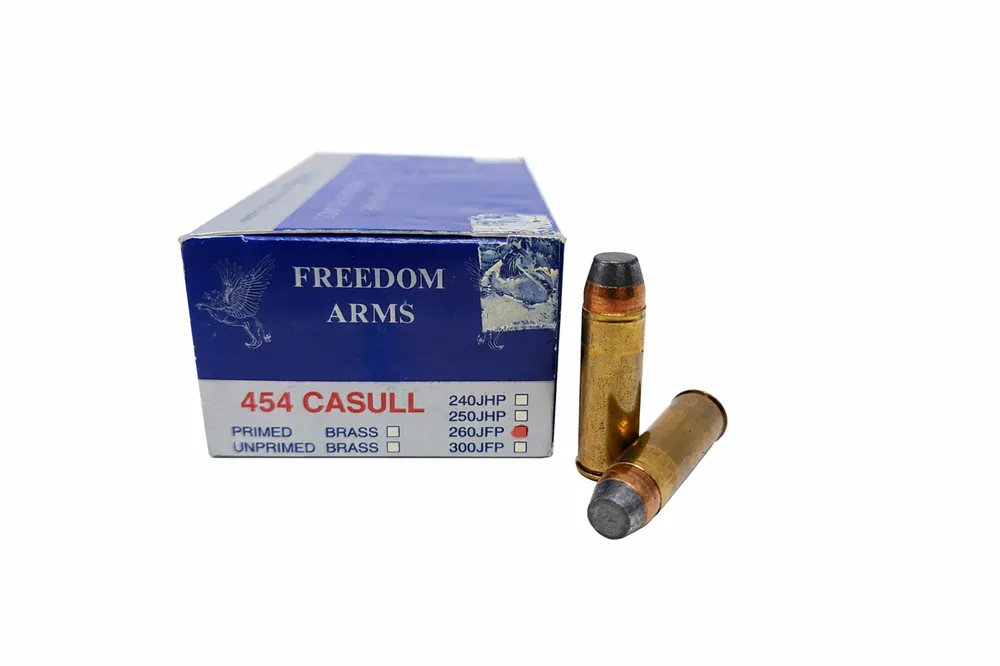 Freedom Arms Ammunition - 454 Casull - 260 Grain Jacketed Flat Point - 50 Rounds - Brass Case
