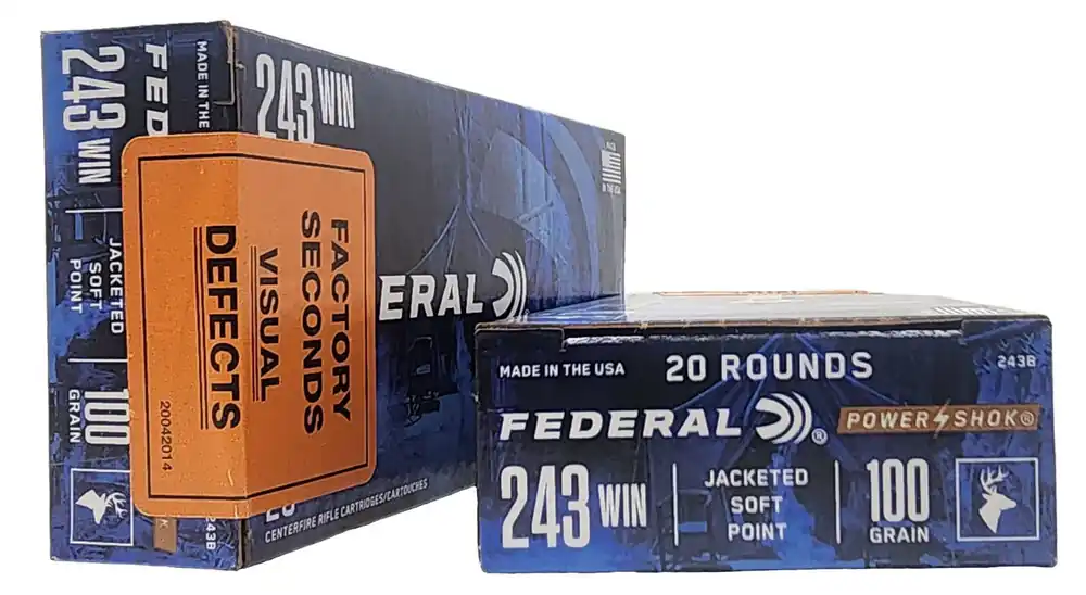 Federal PowerShok Ammunition - 243 Winchester - 100 Grain Jacketed Soft Point - 20 Rounds - FACTORY SECONDS