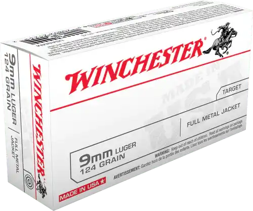 Winchester Ammunition - 9mm Luger - 124 Grain Full Metal Jacket - 50 Rounds - Brass Case