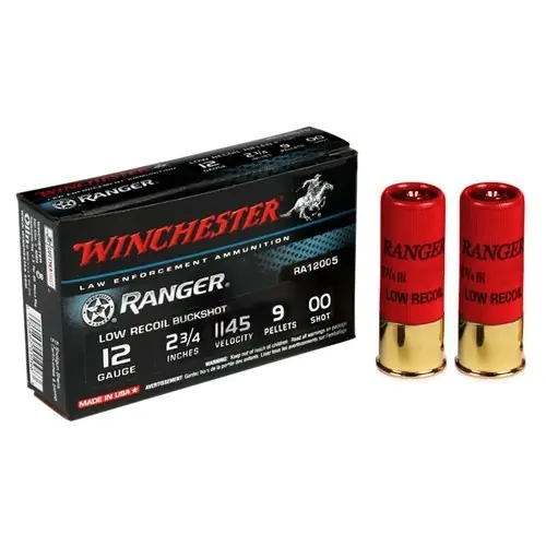 Winchester Ranger Ammunition - 12 GA Low Recoil - 2 3/4" - 9 Pellet 00 Buck - 5 Rounds