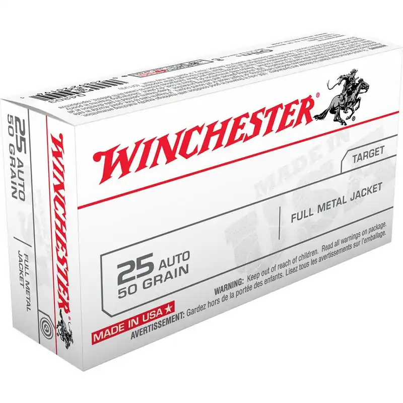 Winchester Ammunition - 25 Auto - 50 Grain Full Metal Jacket - 50 Rounds - Brass Case