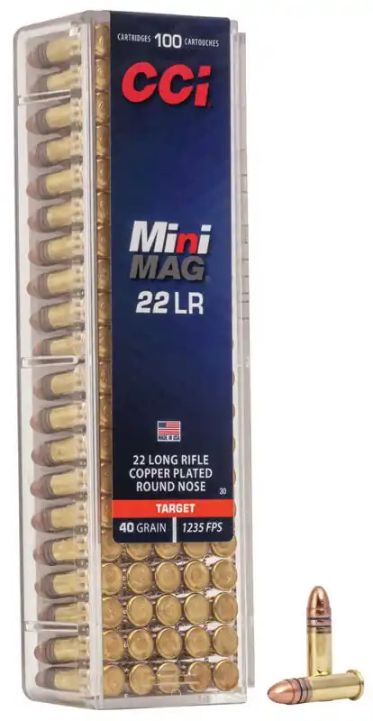 CCI Mini Mag Ammunition - 22 Long Rifle - 40 Grain Copper Plated Round Nose - 100 Rounds - Brass Case