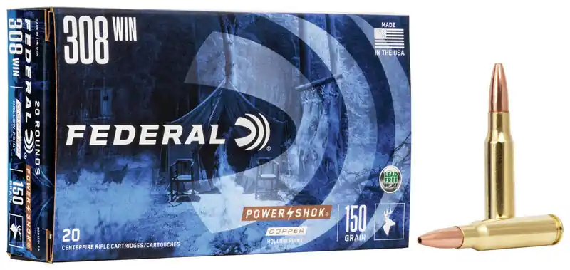 Federal Copper Power-Shok Ammunition - 308 Winchester - 150 Grain Copper Hollow Point - 20 Rounds - Brass Case