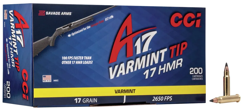 CCI A17 Ammunition - 17 HMR - 17 Grain Varmint Tip - 200 Rounds - Brass Case