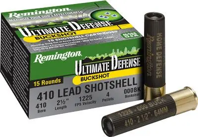 Remington Ultimate Defense Ammunition - 410 Gauge - 2 1/2" - 000 Buck - 4 Pellets - 15 Rounds