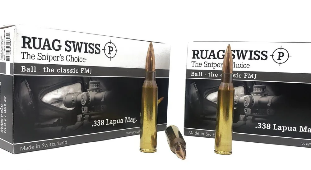 Swiss P Ammunition - 338 Lapua Mag - 251 Grain Full Metal Jacket - 20 Rounds - Brass Case