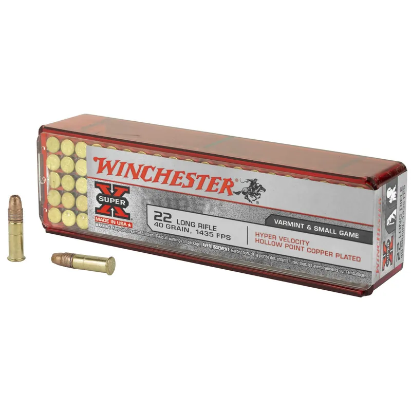 Winchester Super-X Ammunition - 22 Long Rifle - 40 Grain Copper Plated Hollow Point - 100 Rounds - Brass Case