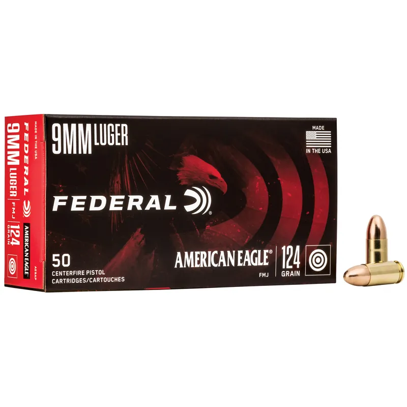 Federal American Eagle 9mm 124 Grain FMJ Ammunition - 50 Rounds/1000 Rounds