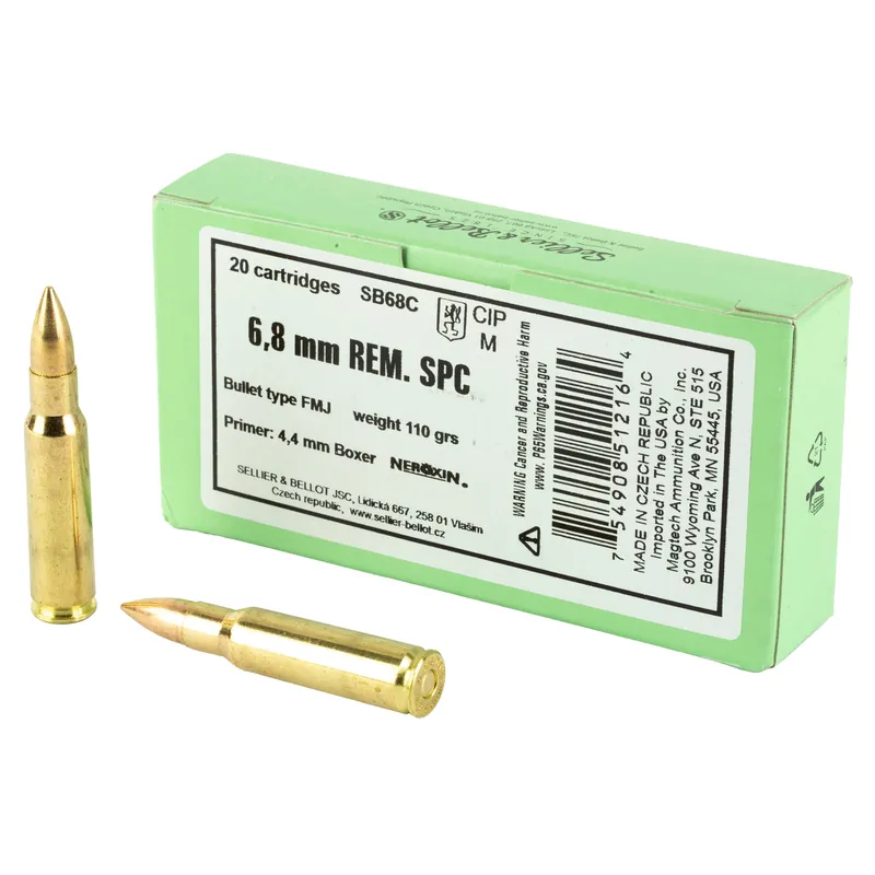 S&B 6.8 SPC 110 Grain FMJ Ammunition - 20 Rounds per Box, 1000 Rounds per Case