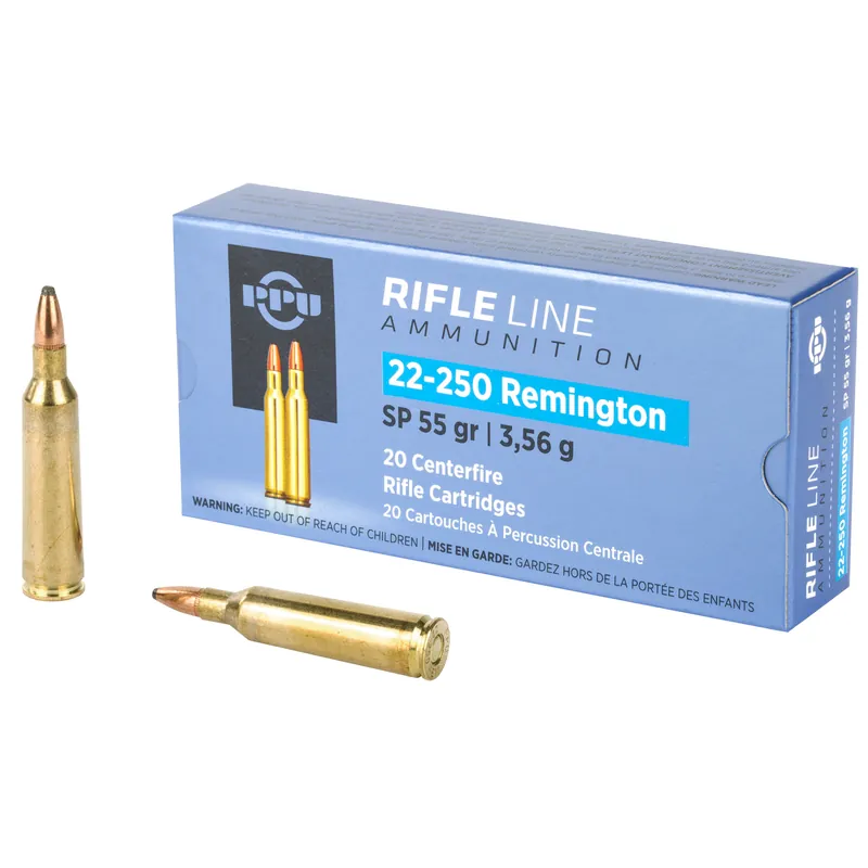 PPU 22-250 Remington Soft Point 55 Grain Ammunition - 20 Rounds per Box, 200 Rounds per Case