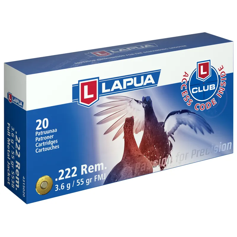 LAPUA .222 Remington 55 Grain FMJ Ammunition - 20 Rounds per Box, 600 Rounds per Case