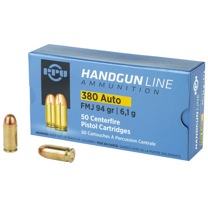 PPU 380 ACP FMJ 94 Grain Ammunition - 50 Rounds per Box, 1000 Rounds per Case