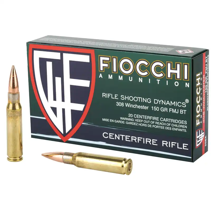 FIOCCHI .308 Winchester 150 Grain FMJBT Ammunition - 20 Rounds per Box, 200 Rounds per Case