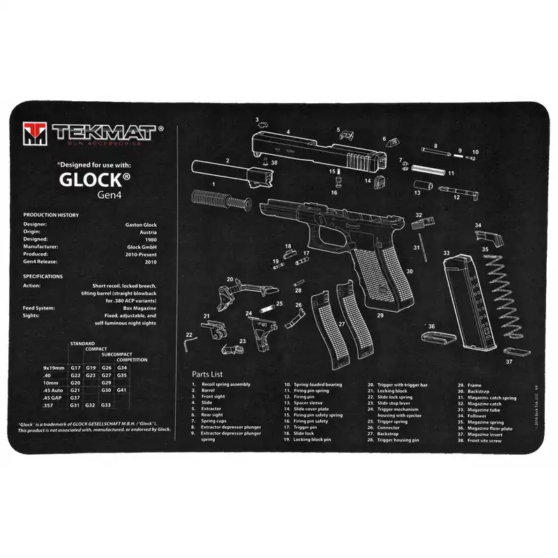 TEKMAT Glock Gen 4 Pistol Cleaning Mat - Black