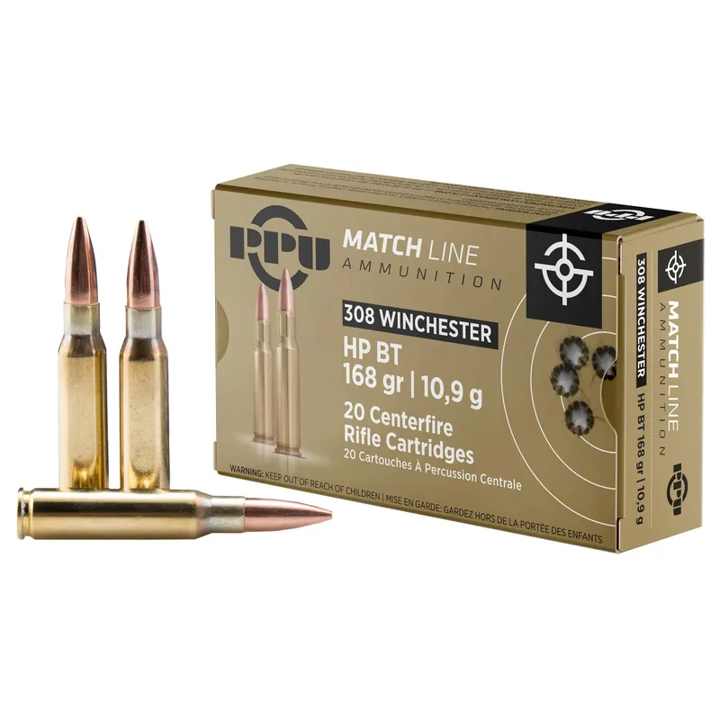 PPU .308 Winchester Match 168 Grain HPBT Ammunition - 20 Rounds