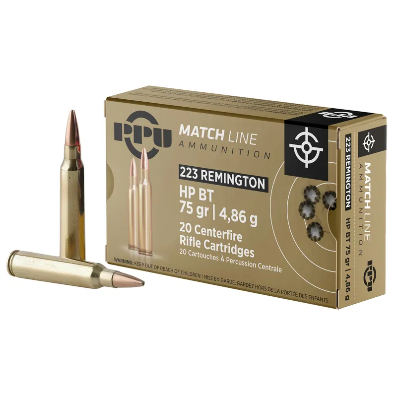 PPU .223 REM Match 75gr HPBT Ammunition - 20 Rounds per Box, 1000 Rounds per Case