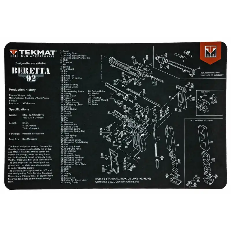 TEKMAT Beretta 92 Pistol Cleaning Mat - Black