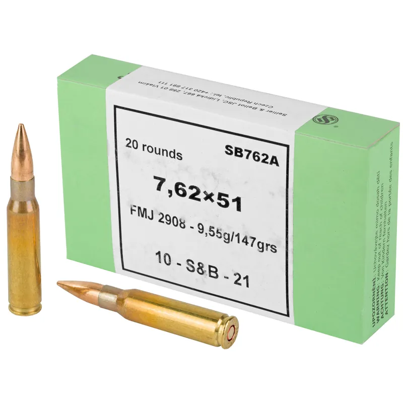 S&B 7.62x51mm 147 Grain FMJ Ammunition - 20 Rounds/600 Rounds Bulk Pack