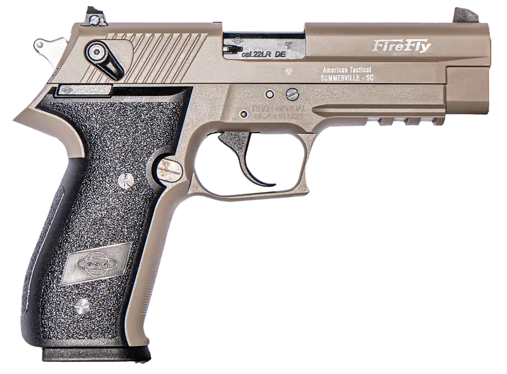 GSG GERG2210FFT FireFly .22 LR Pistol - 10+1 Capacity, 4" Tan Steel Barrel, Serrated Slide, Zinc Alloy Frame, Black Polymer Grip