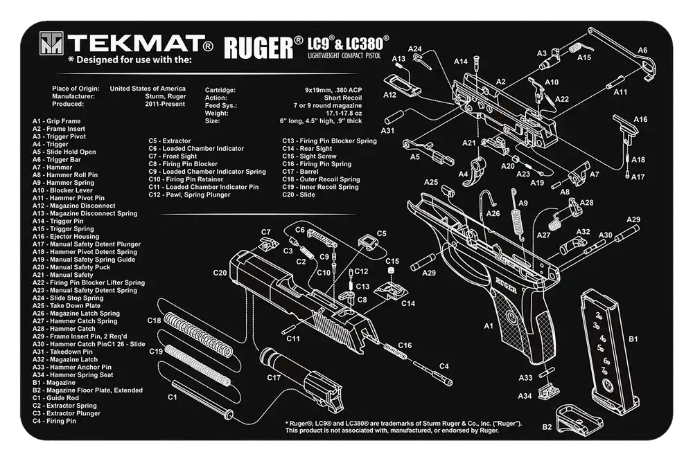 Ruger LC9 Cleaning Mat with Parts Diagram - 11"x17" Black/White Rubber