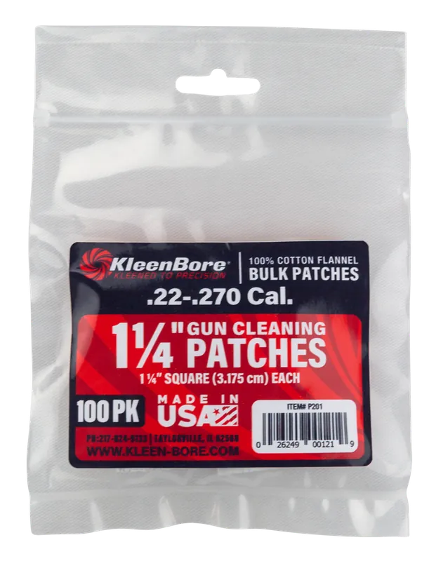 KleenBore P201 Super Shooter Cotton Flannel Patches for .22 - .270 Caliber, Pack of 100
