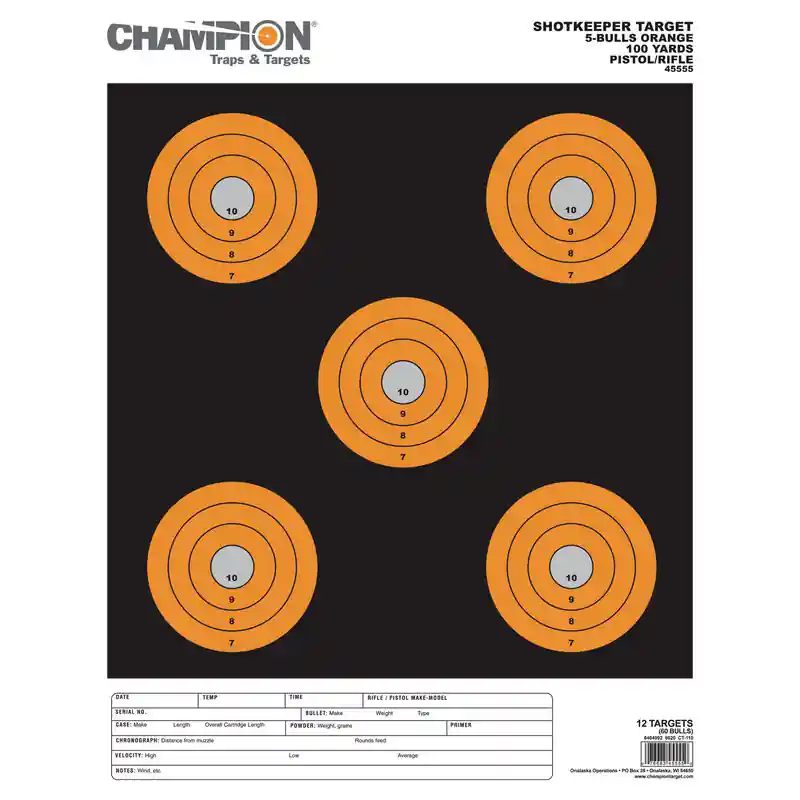 Champion 45555 Shotkeeper 5" Bullseye Targets, 100 Yds, Large Black/Orange, 12 Pack
