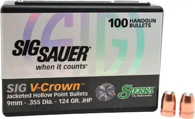 9mm .355 Sierra Bullets 124GR JHP SIG V-Crown 100 Count