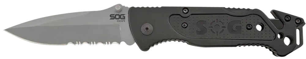 SOG Escape Folding Knife with Part Serrated Blade and Black Aluminum Handle