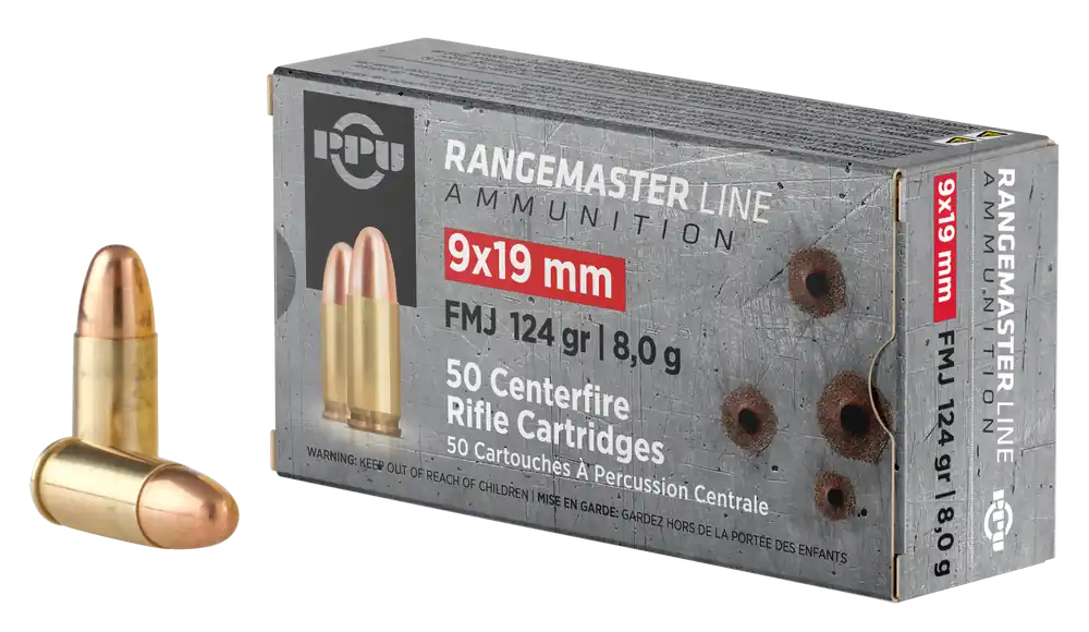 PPU PPRM9 Rangemaster 9mm Luger 124gr FMJ Ammo - 50 Rounds/Box, 20 Boxes/Case