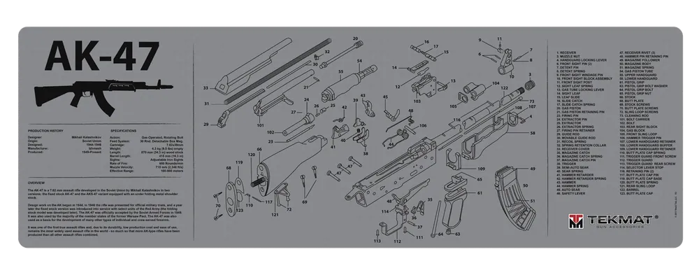 AK-47 Cleaning Mat with Parts Diagram - 12"x36" Black/Gray Rubber