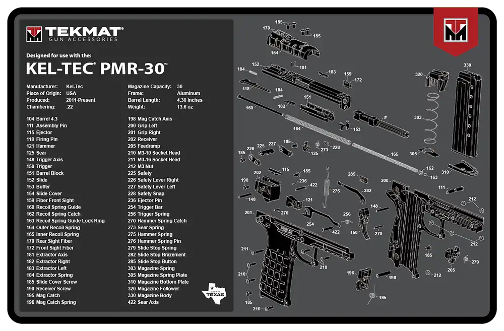 Kel-Tec PMR-30 Cleaning Mat with Parts Diagram - Gray Rubber 11"x17"