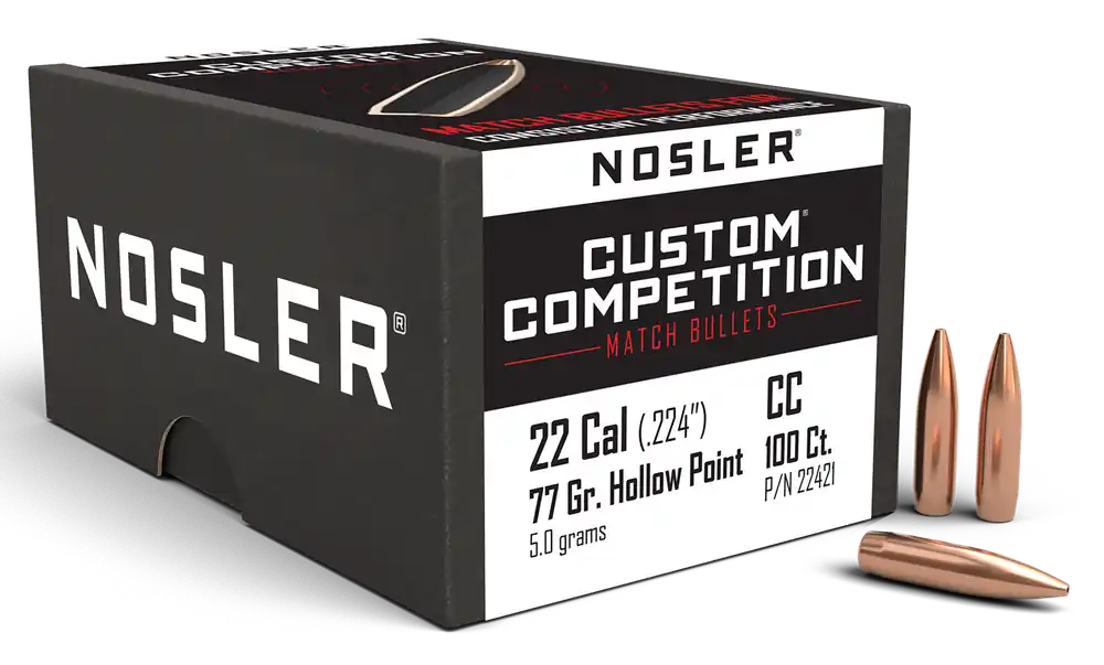 Nosler Custom Competition 22Cal 77gr HPBT Bullets - 100 Count