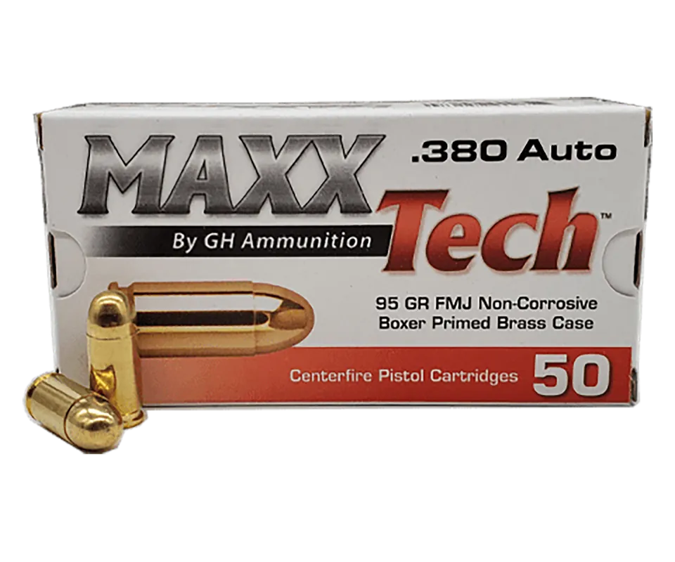 MaxxTech 380ACP 95gr FMJ Brass Pistol Ammo - 50 Rounds/Box, 20 Boxes/Case
