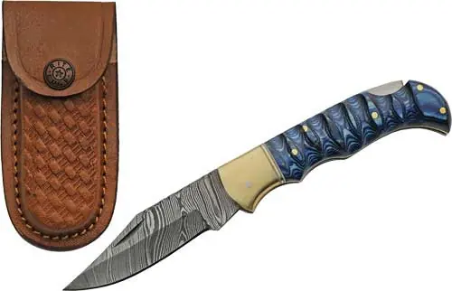 Blue Grooved Damascus Lockback Knife with Sheath - 3" Blade by Rite Edge