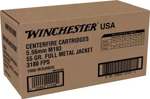 Winchester USA 5.56x45mm 55gr FMJ 1000-Round Case