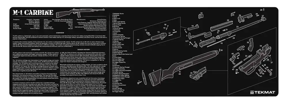 M1 Carbine Cleaning Mat with Parts Diagram - 12"x36" Black/White Rubber