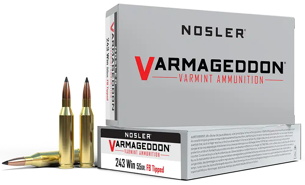 Nosler Varmageddon .243 Win 55gr Flat Base Tipped Ammo - 20 Rounds per Box