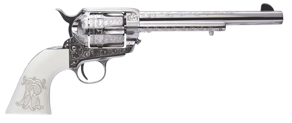 Cimarron Teddy Roosevelt Frontier 45 Colt 6-Shot Nickel-Plated Revolver with Engraved Barrel and "T.R." Grip