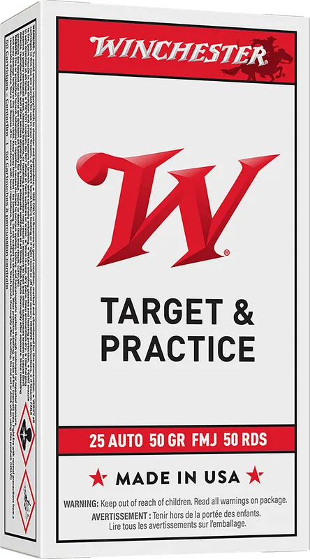 Winchester USA 25ACP 50gr FMJ Ammo - 20/Box, 10/Case