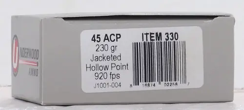 Underwood .45 ACP 230gr JHP Ammo - 20 Rounds per Box, 10 Boxes per Case